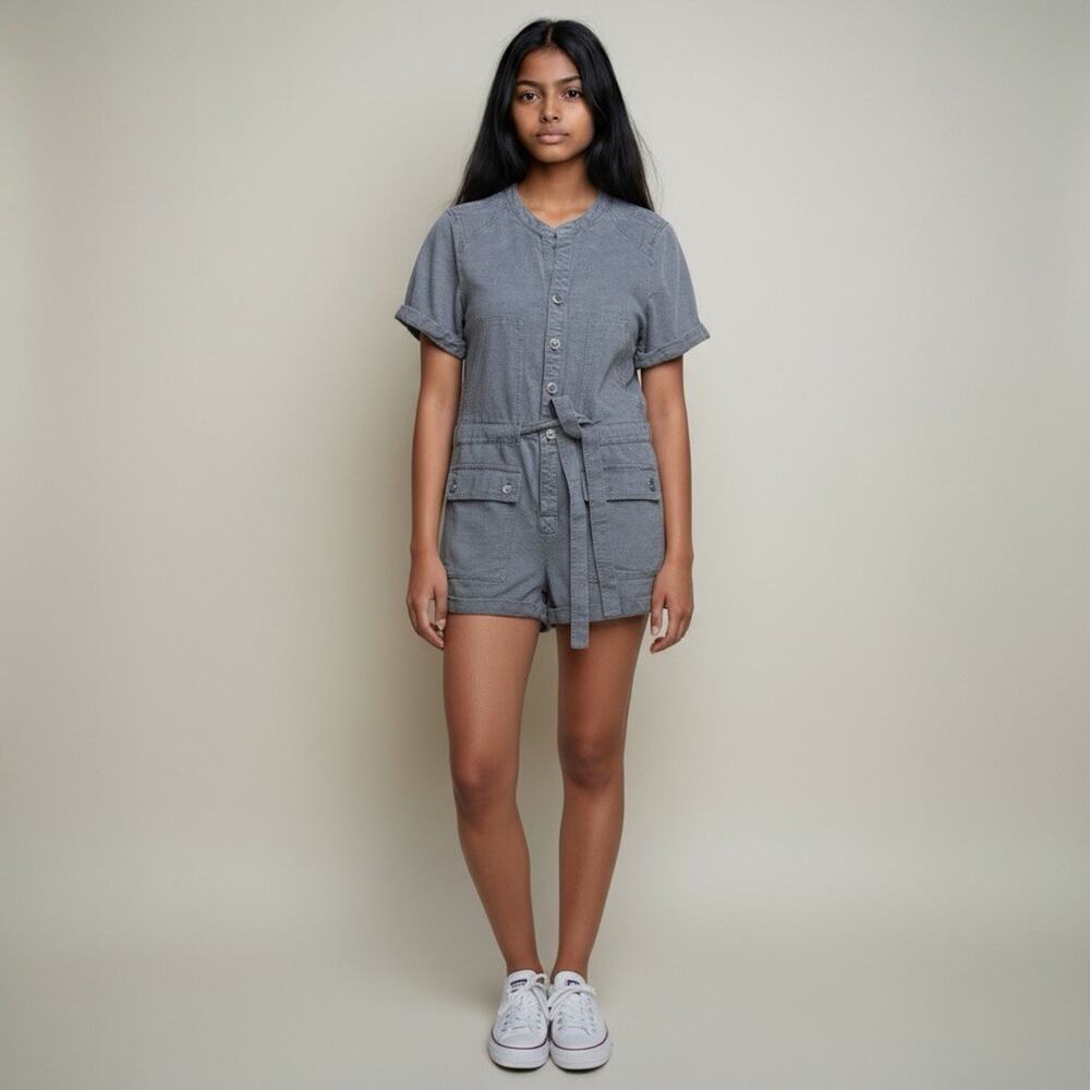 Free People Women Utility Shortalls Denim Blue Size Medium Tie Waist Cuff Sleeve